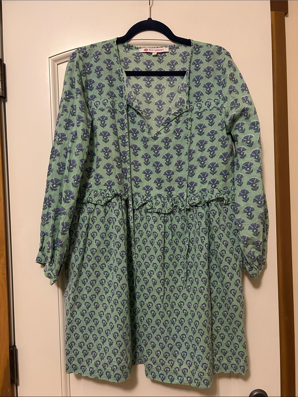 Ro’s  Garden Green Printed Mini Dress with Blockprint Navy Motif summer fabric